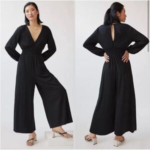 Anthropologie Hutch Black Wide Leg V-Neck Long Sleeve Jumpsuit
